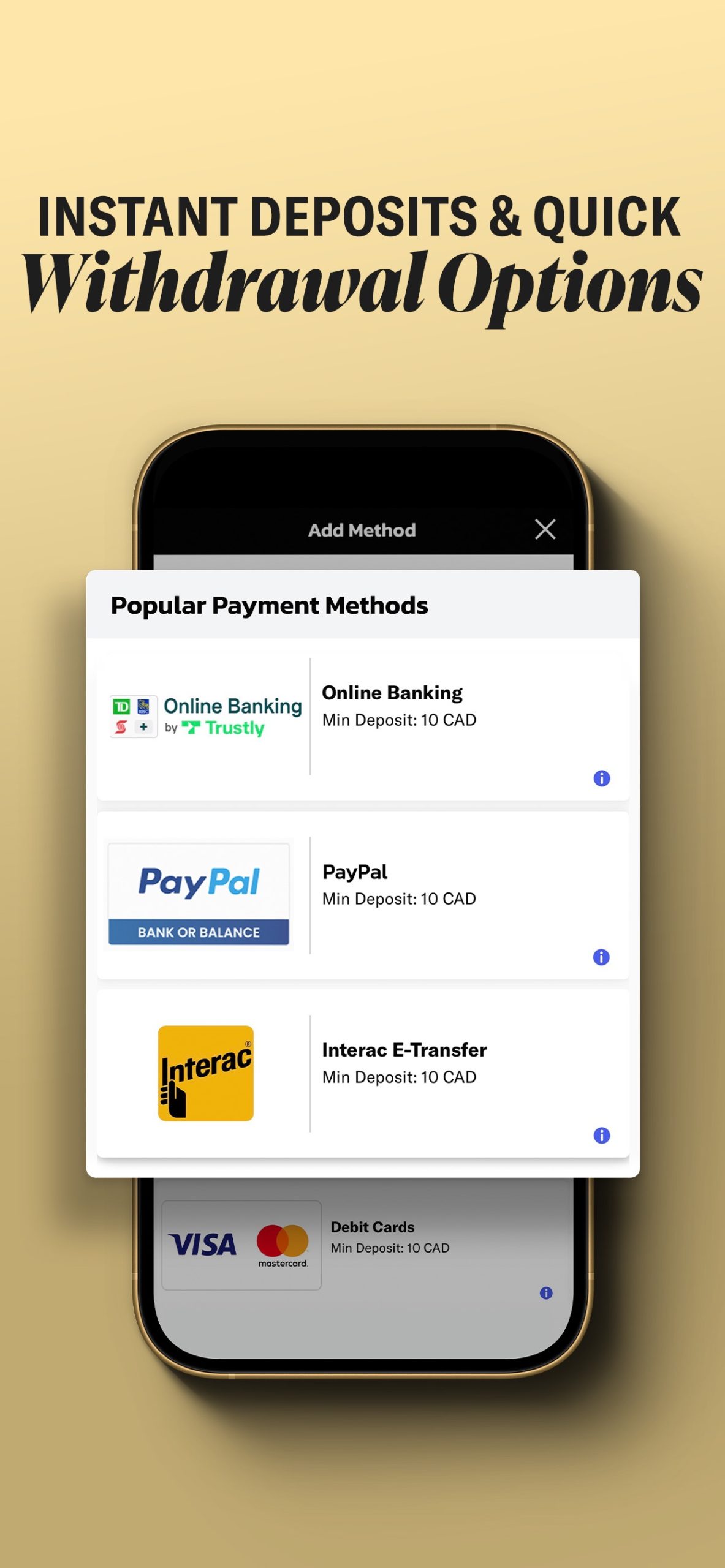 BetMGM Canadian casino app cashier showing online banking PayPal Interac and card options in CAD