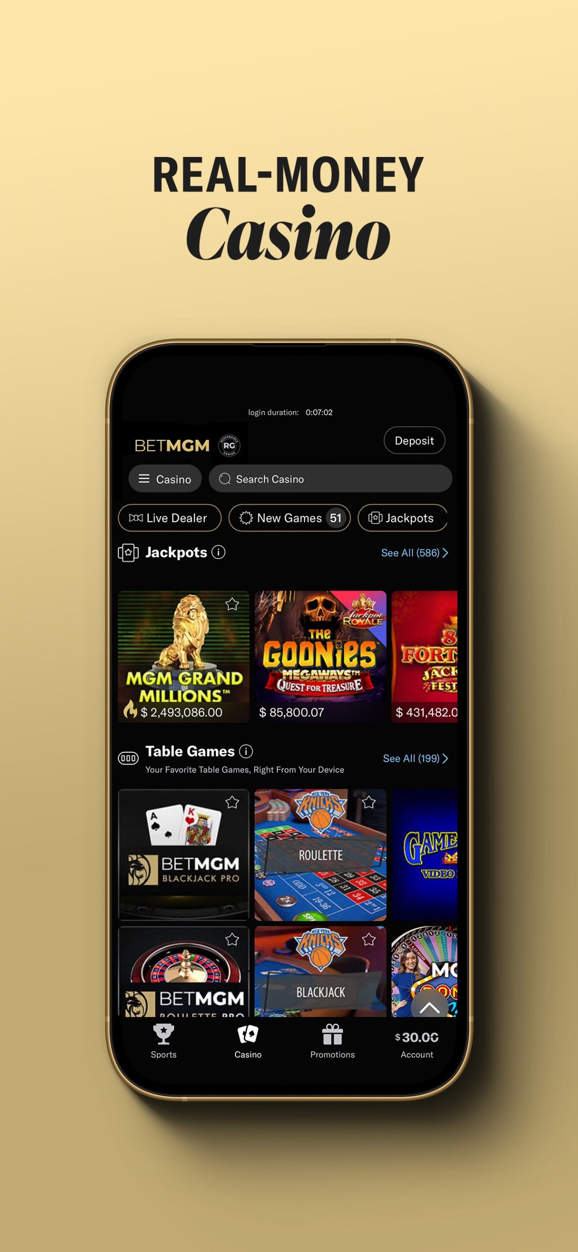 BetMGM Canadian casino app showing slot jackpot and table-game shelves