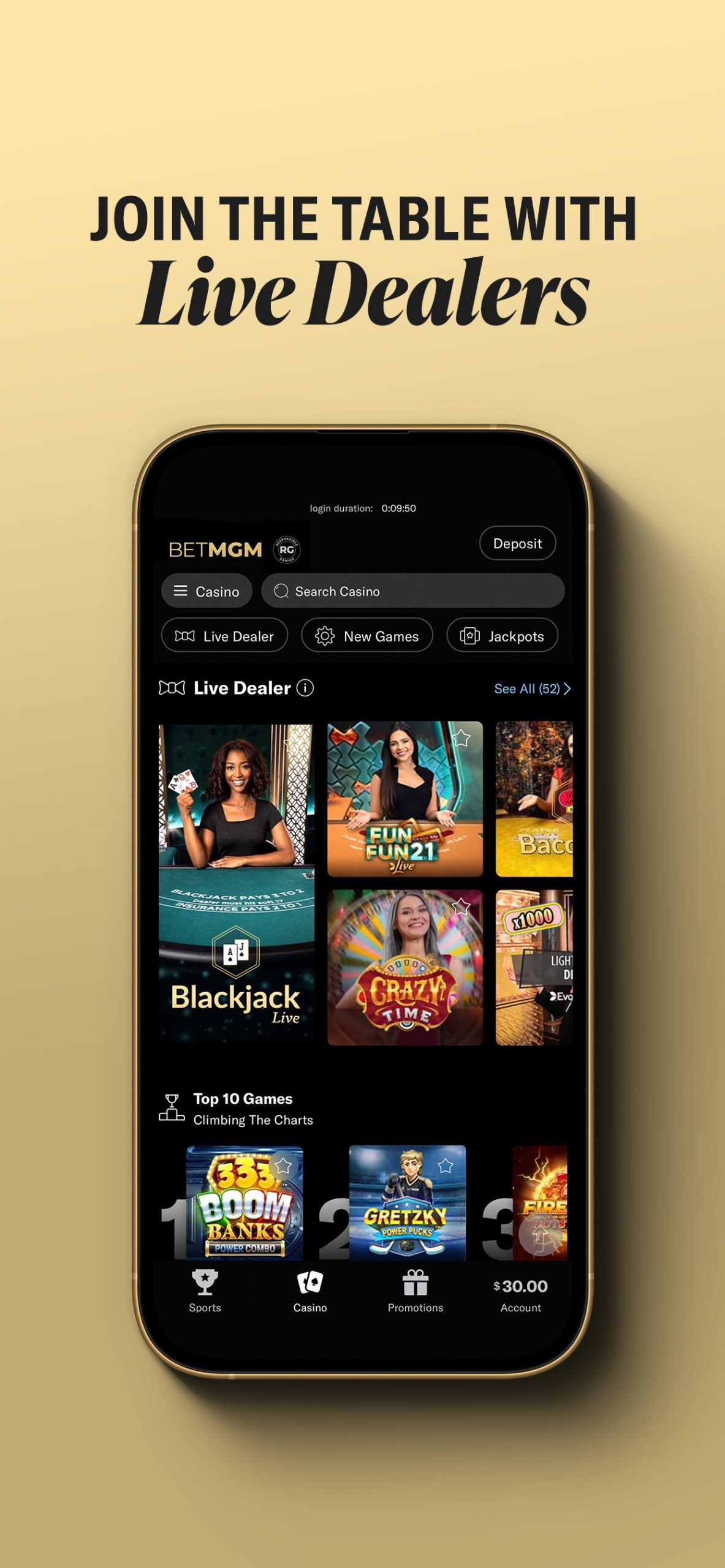 BetMGM Canadian casino app showing its live-dealer game shelf