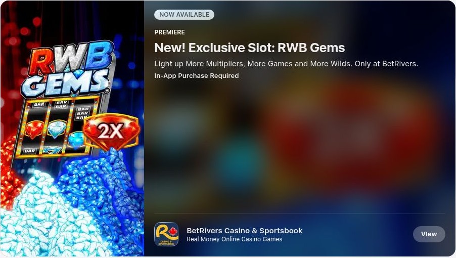 Canadian App Store announcement promoting RWB Gems as a BetRivers exclusive slot