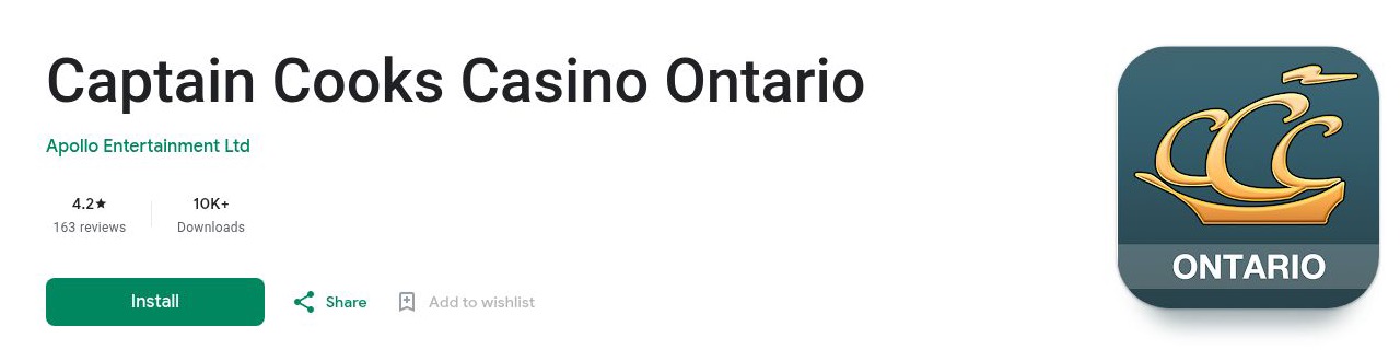 Captain Cooks Casino Ontario listing on Google Play under Apollo Entertainment Ltd