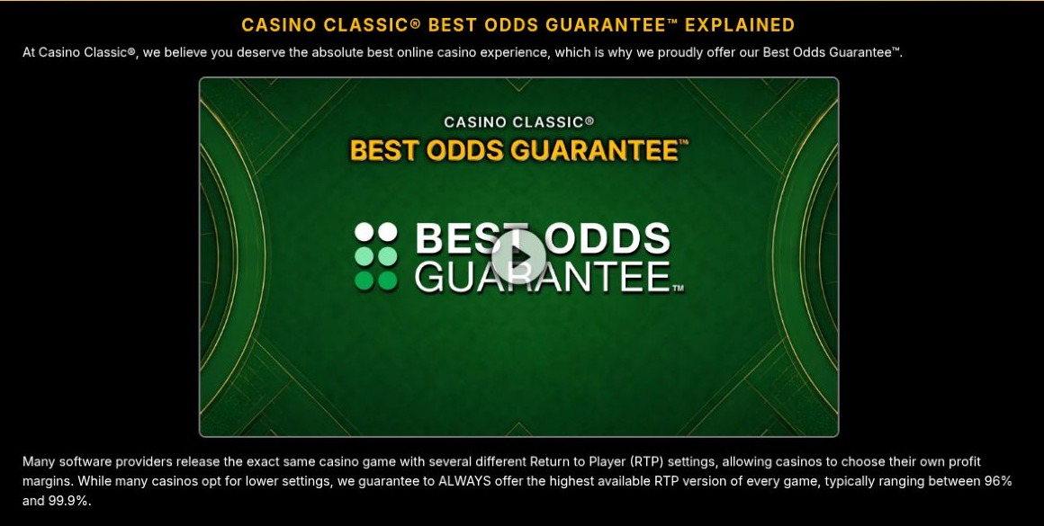 Casino Classic Ontario page explaining the operator's 'Best Odds Guarantee', its RTP-version policy