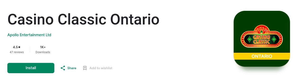 Casino Classic Ontario listing on Google Play under Apollo Entertainment Ltd