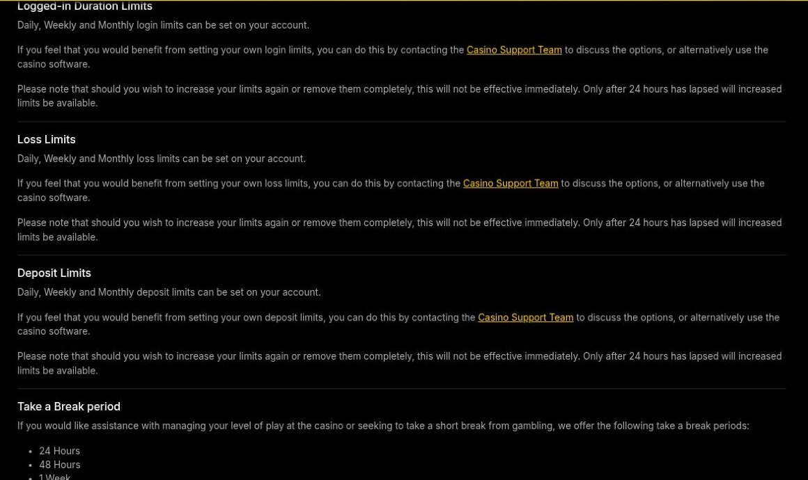 Casino Classic Ontario responsible-gambling page listing time, loss, deposit and break controls