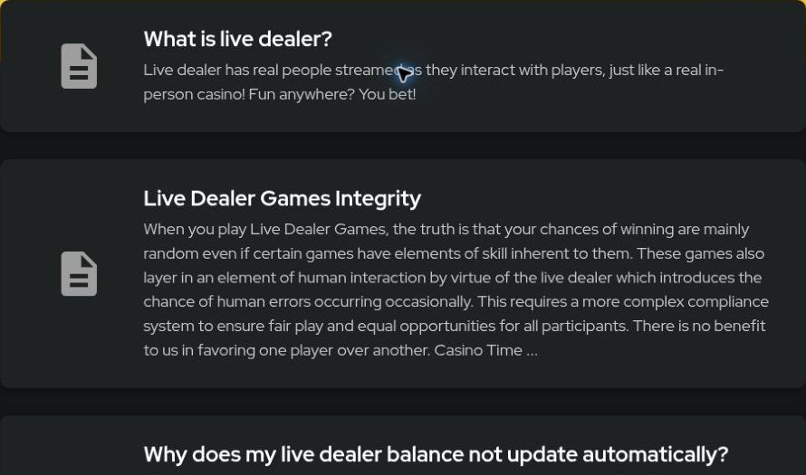Casino Time official Live Dealer and Game Shows help category