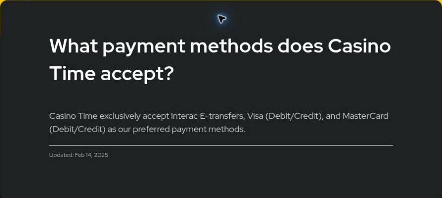 Casino Time official payment-method article naming Interac Visa and Mastercard