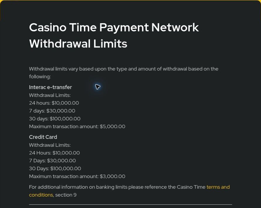 Casino Time published Interac and card withdrawal limits