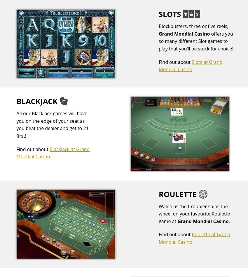 Grand Mondial public games page showing slots blackjack and roulette sections
