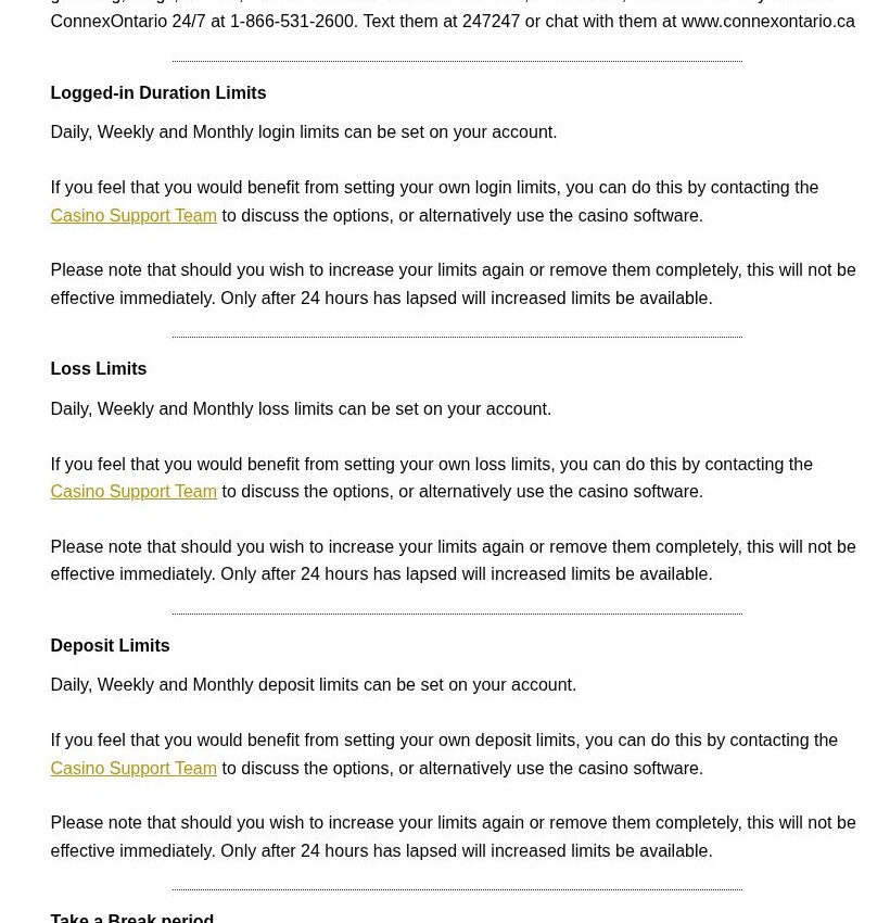 Grand Mondial responsible gambling page showing login loss and deposit limits