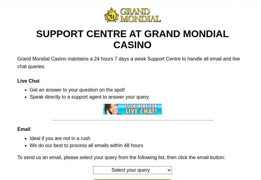 Grand Mondial support centre showing 24 hour live chat and email help