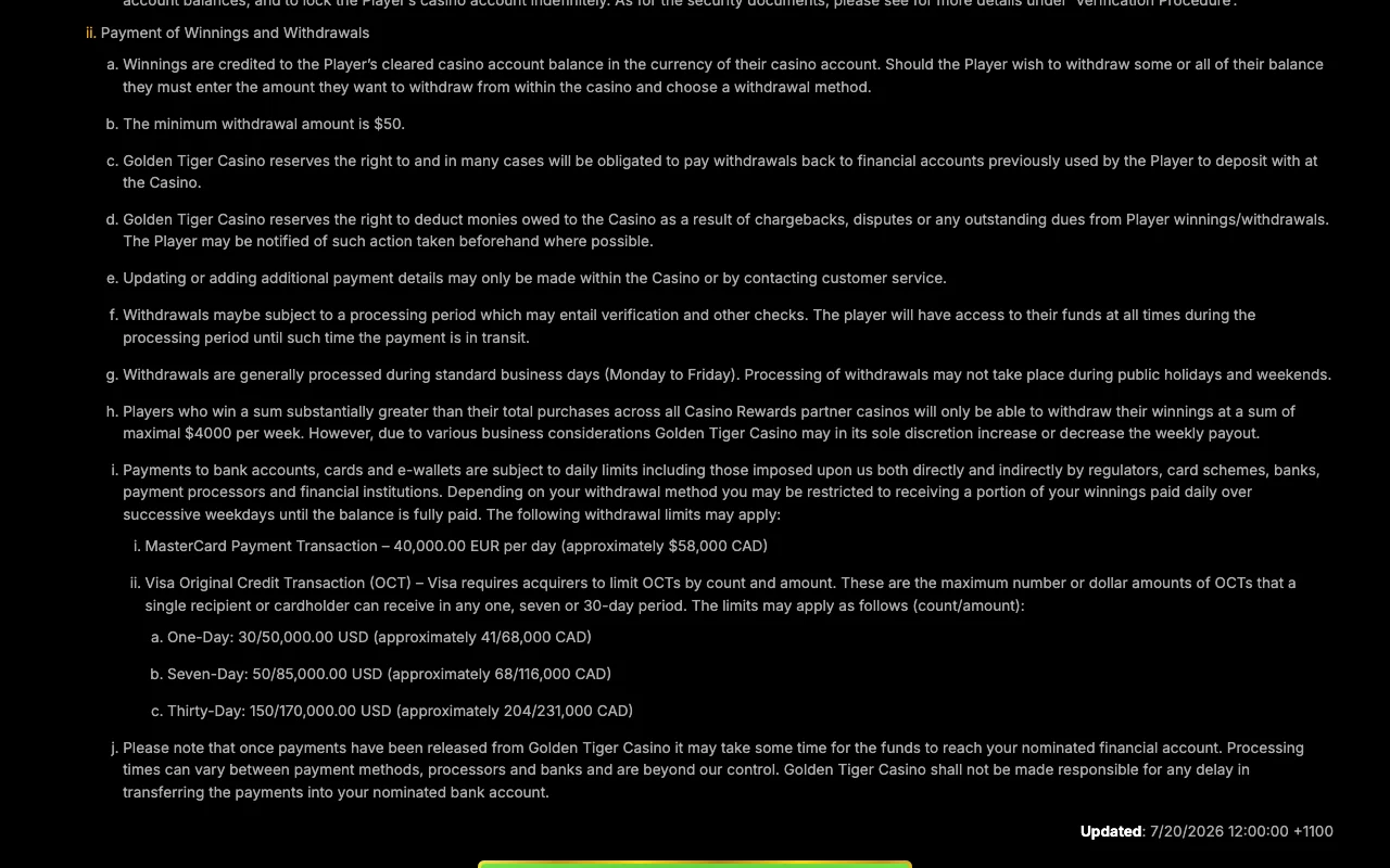 Withdrawal section in the Golden Tiger terms