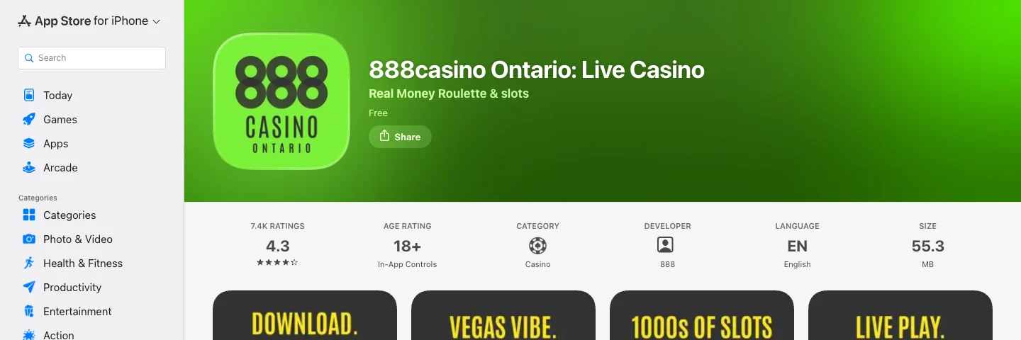 Canadian App Store listing for 888casino Ontario: Live Casino