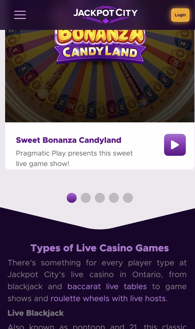 Logged-out Jackpot City public Live Casino page showing a Sweet Bonanza Candyland card and Live Blackjack heading