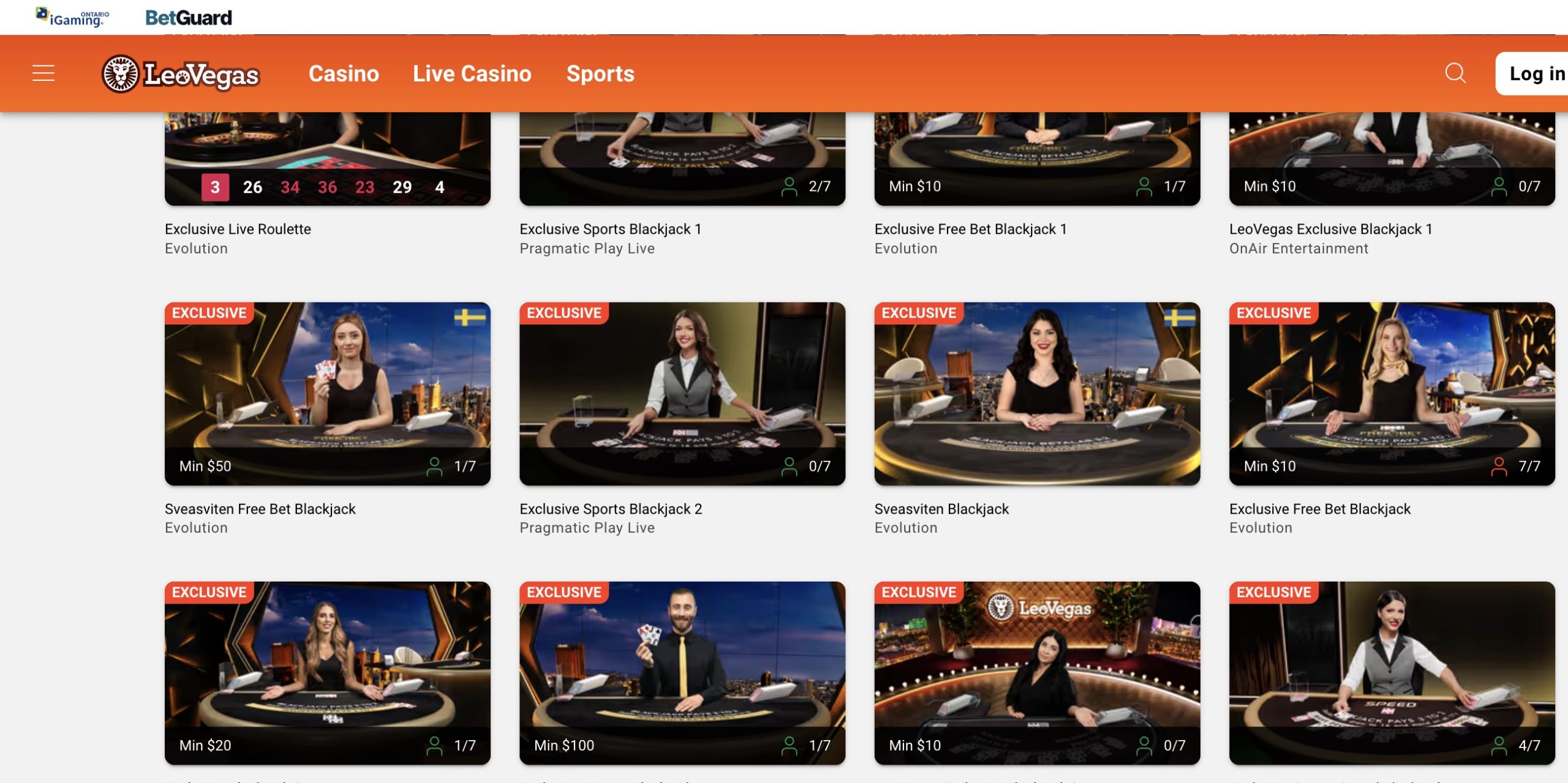 LeoVegas Ontario live casino cards showing providers and minimum stakes