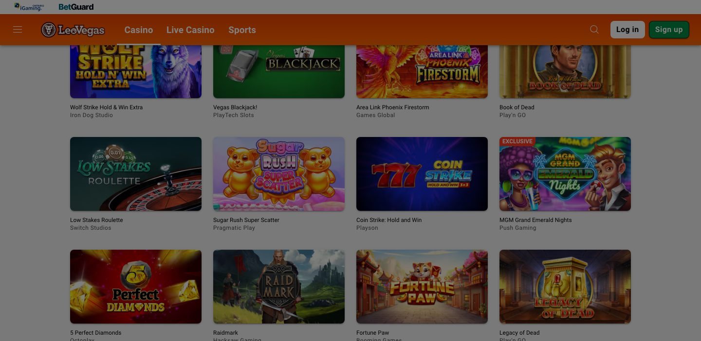 LeoVegas Ontario slots lobby showing named games and provider labels
