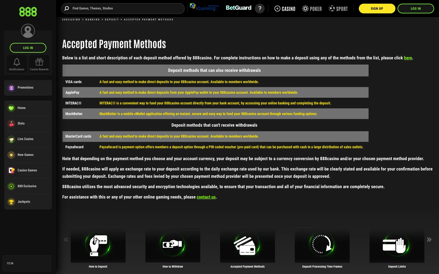 888 Casino Ontario accepted payment methods page grouping withdrawal-capable and deposit-only methods