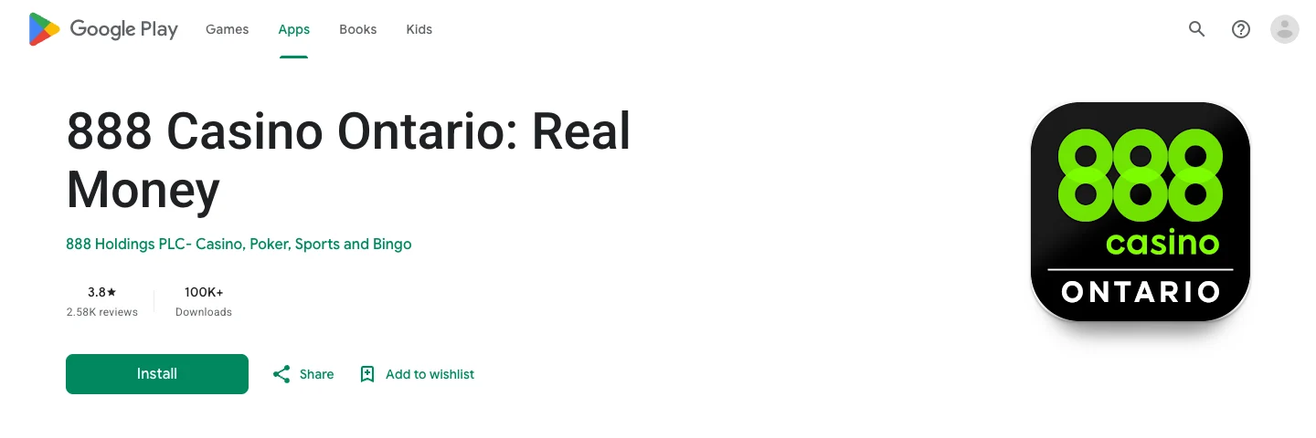 Google Play listing for 888 Casino Ontario: Real Money under 888 Holdings PLC