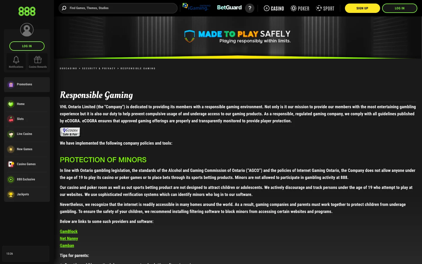 888 Casino Ontario Responsible Gaming page naming VHL Ontario Limited and the 19+ setting