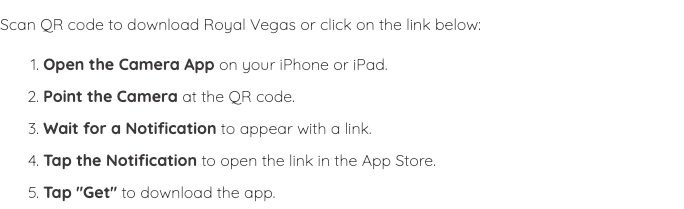Royal Vegas mobile page with iPhone and iPad App Store download instructions