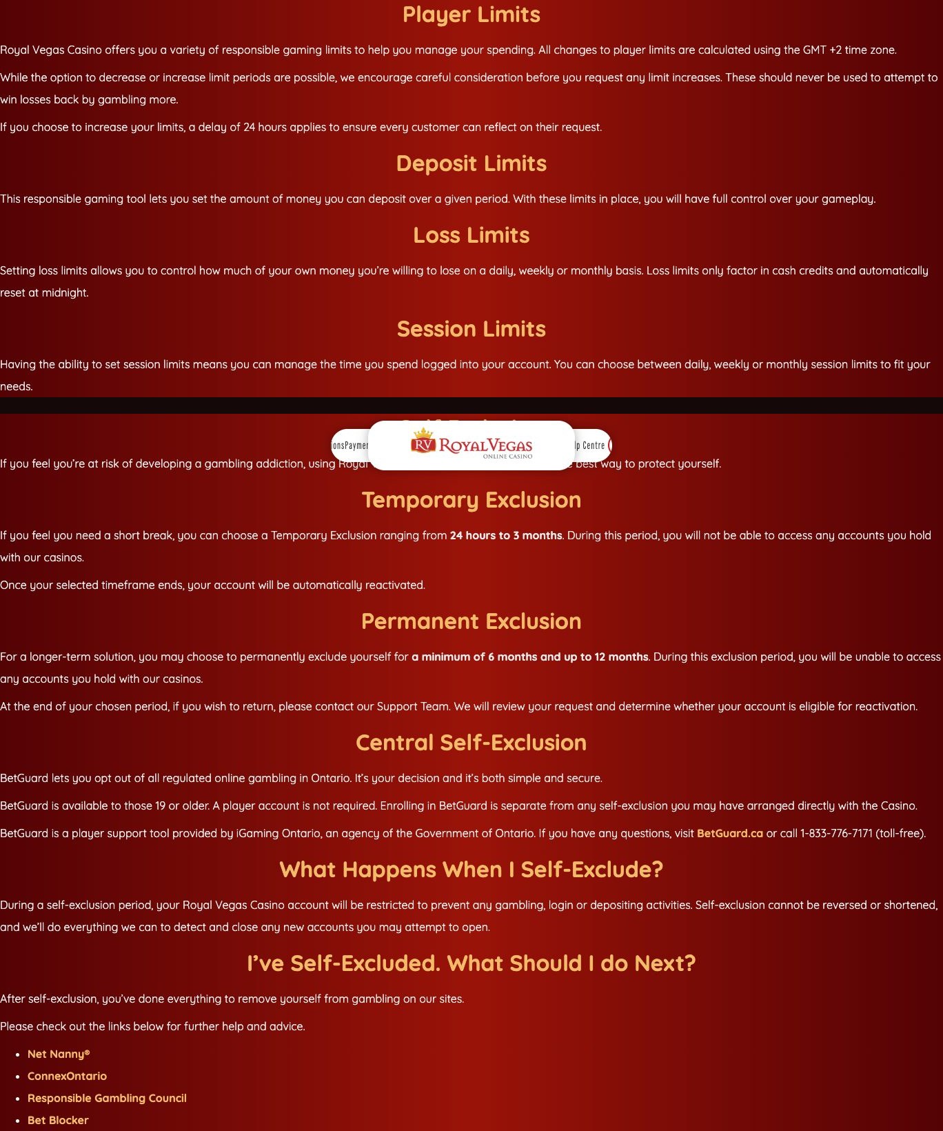 Royal Vegas responsible gaming page showing player limits and exclusion periods