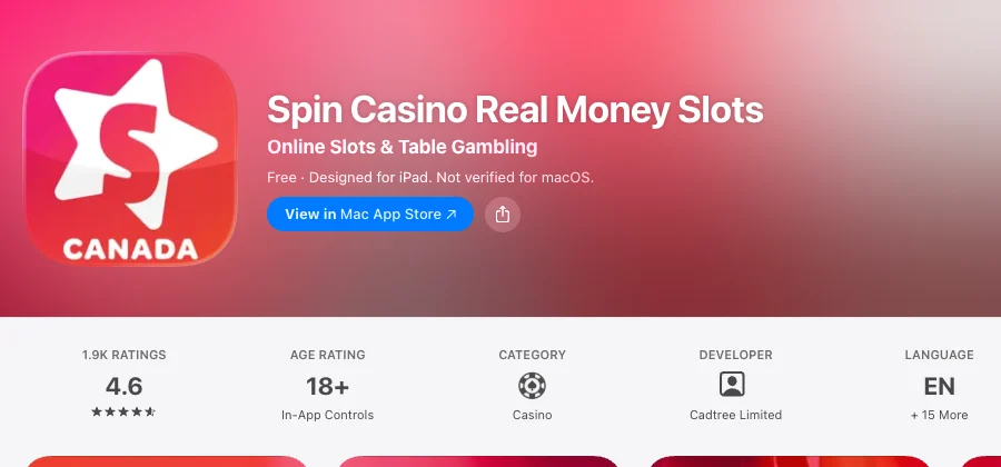 Spin Casino iOS app listing in the Canadian App Store