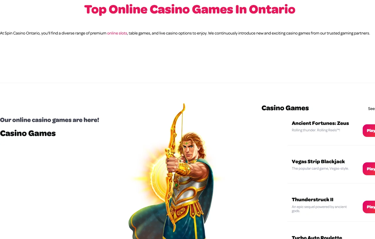 Logged-out Spin Casino public Casino Games page showing slots, blackjack and roulette sample titles
