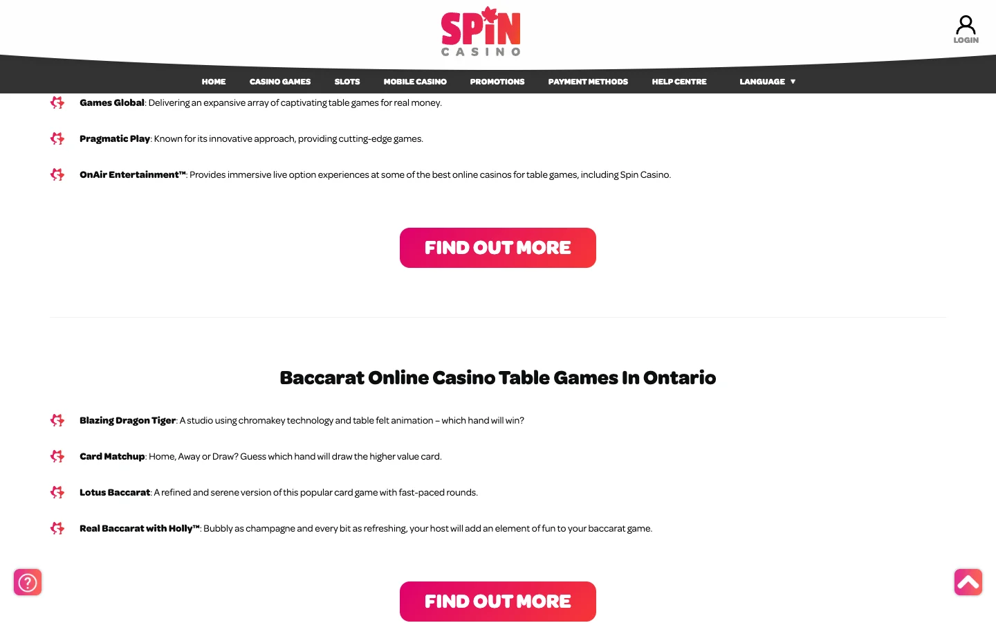 Logged-out Spin Casino public table-games page naming Games Global, Pragmatic Play and OnAir Entertainment