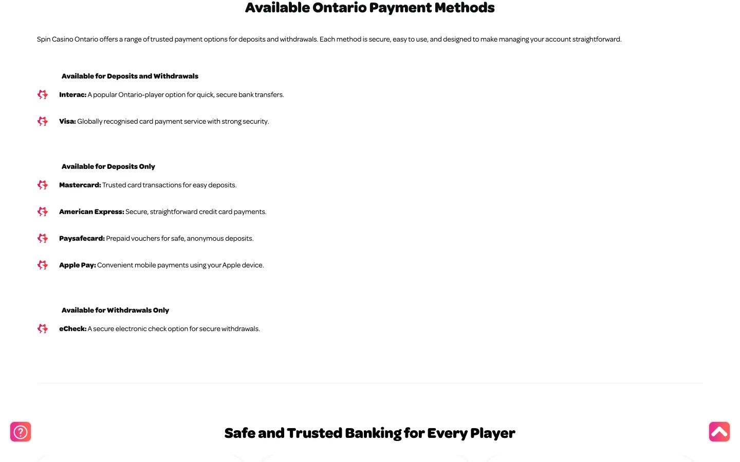 Logged-out Spin Casino public payment-methods page separating deposit and withdrawal methods