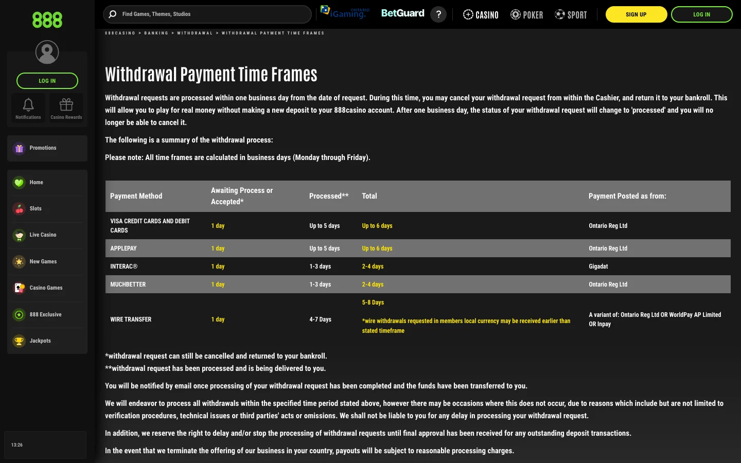 888 Casino Ontario withdrawal time-frames table listing Interac, cards, MuchBetter and wire transfer