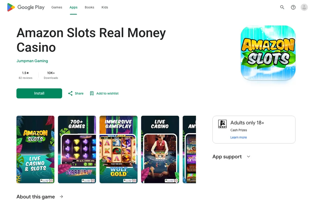 Google Play listing titled Amazon Slots Real Money Casino by Jumpman Gaming, with tiles for 700+ games, Starburst and live casino