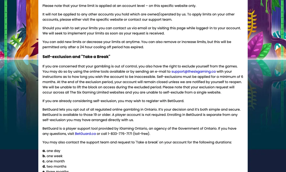 Amazon Slots self-exclusion of at least six months across The Six Gaming Limited websites, with BetGuard and break lengths from one day to three months