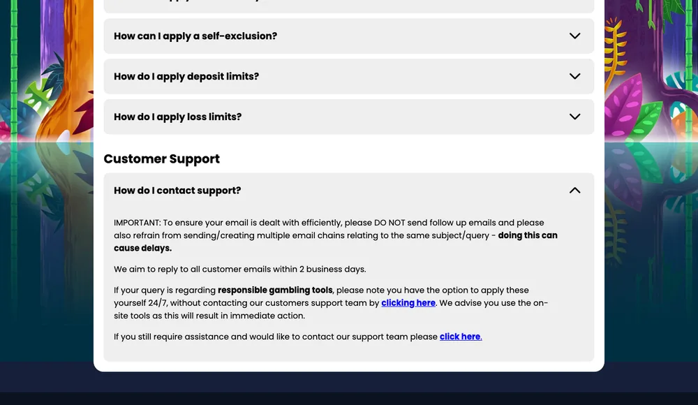 Amazon Slots FAQ answer aiming to reply to customer emails within 2 business days, and stating responsible-gambling tools can be applied 24/7