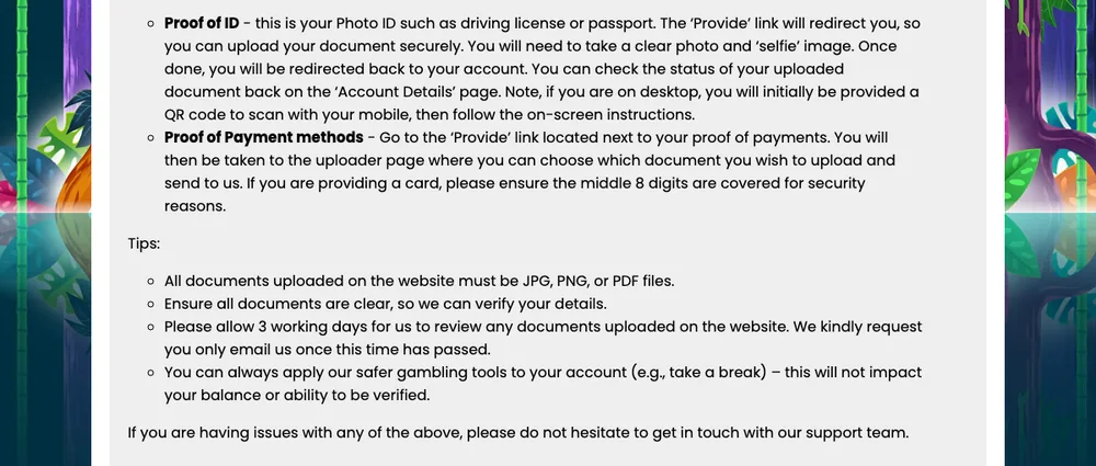 Amazon Slots FAQ tips asking players to allow 3 working days for a review of uploaded identity and payment documents
