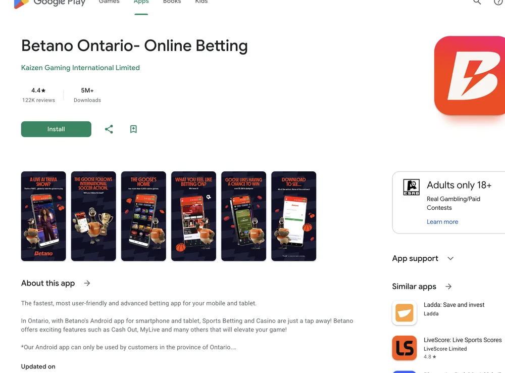 Google Play listing titled Betano Ontario- Online Betting by Kaizen Gaming International Limited, with an Ontario-only sentence and an Adults only 18+ badge