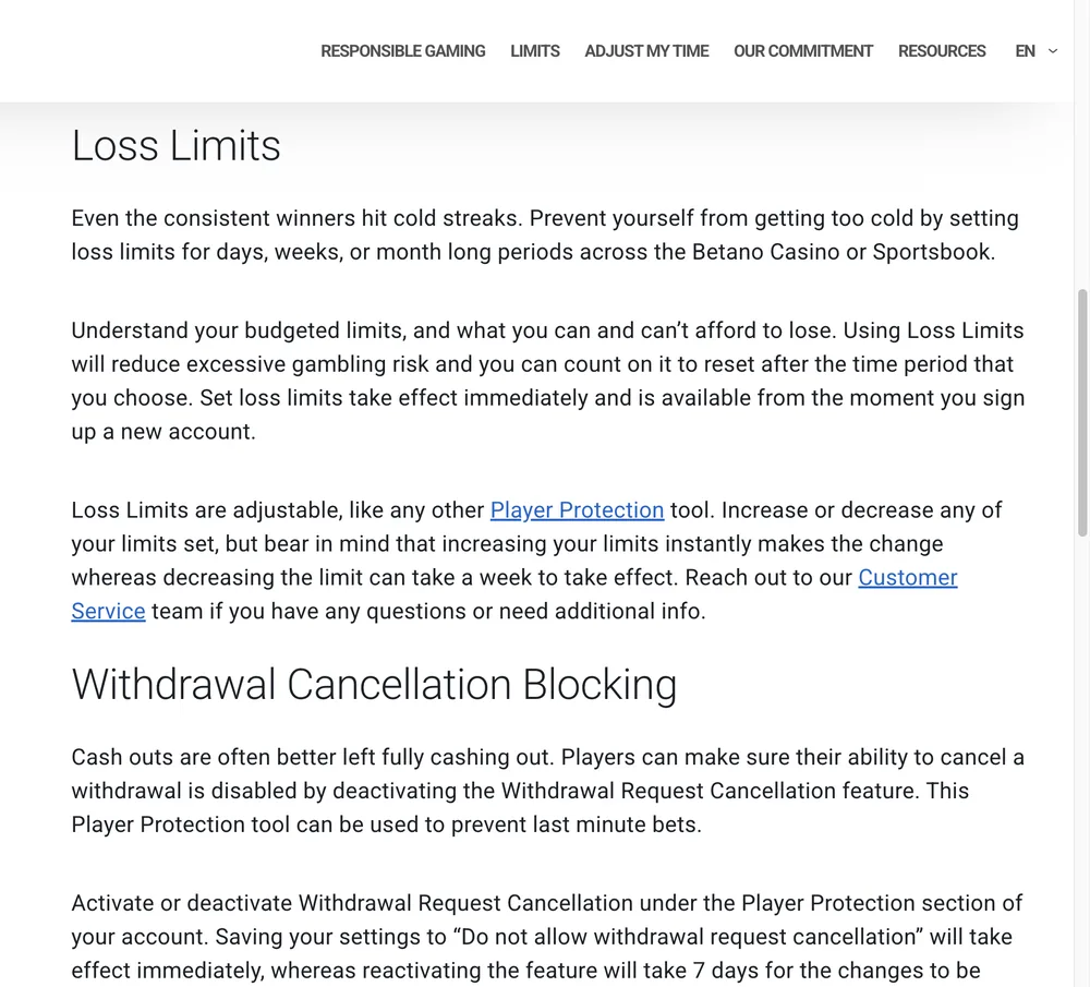 Betano loss-limits text saying an increase applies instantly and a decrease can take a week, beside a 7-day wait to turn withdrawal cancellation back on