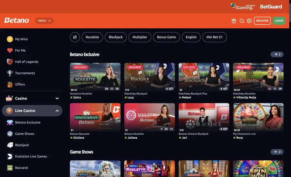 Betano live casino page with Betano Exclusive marked 18, Game Shows marked 91, and tiles for Betano Ontario Blackjack, Betano Roulette and Betano Baccarat