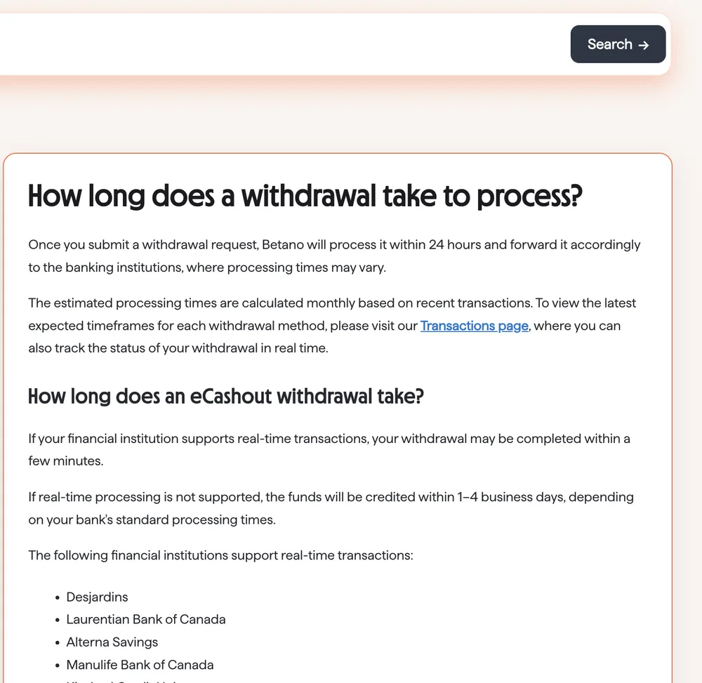 Betano help article stating withdrawals are processed within 24 hours and that eCashout may take a few minutes or 1 to 4 business days