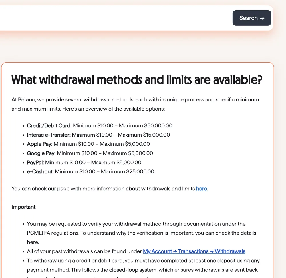 Betano help article listing withdrawal minimums of $10 and maximums for cards, Interac e-Transfer, Apple Pay, Google Pay, PayPal and e-Cashout