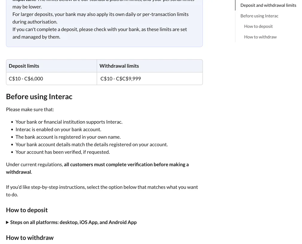 BetVictor Interac limits table showing deposits of C$10 to C$6,000 and a withdrawal line printed C$10 to C$C$9,999