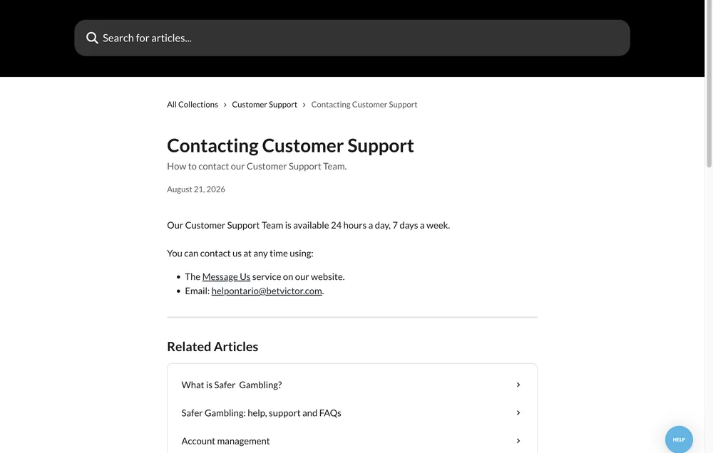BetVictor Ontario contact article stating support is available 24 hours a day, 7 days a week, by Message Us and helpontario@betvictor.com