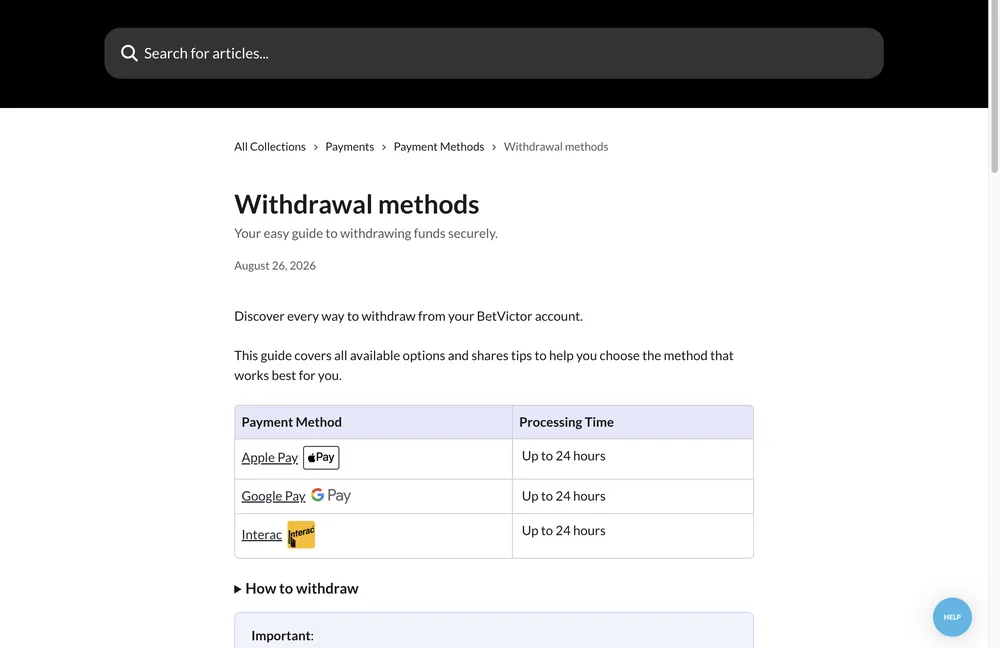 BetVictor Ontario withdrawal table listing Apple Pay, Google Pay and Interac, each with processing time up to 24 hours