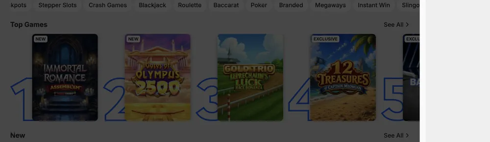 Betway Ontario casino categories including blackjack, roulette, poker and Slingo, with Immortal Romance and Gates of Olympus 2500