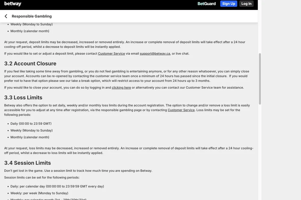 Betway Ontario responsible gambling page with deposit-limit rules and support@betway.ca