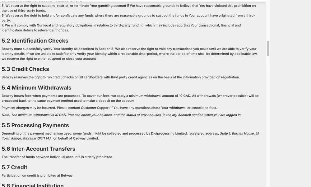 Betway Ontario terms section 5.4 stating a minimum withdrawal of 10 CAD