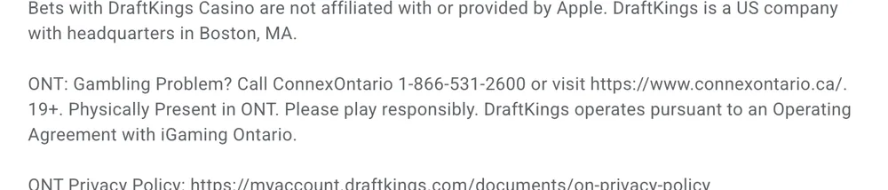 Google Play about text with the Ontario line for players aged 19 or older who are physically in Ontario
