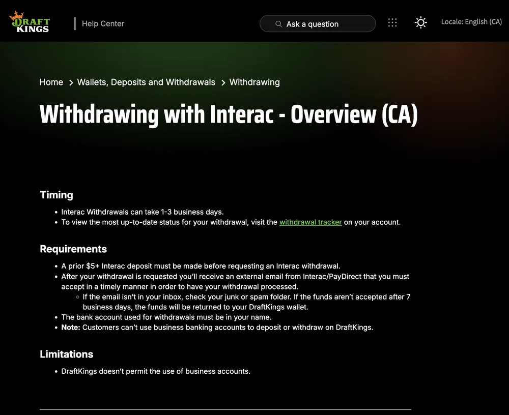 Interac withdrawal overview with a prior $5 deposit, a PayDirect email and a 1-3 business day window