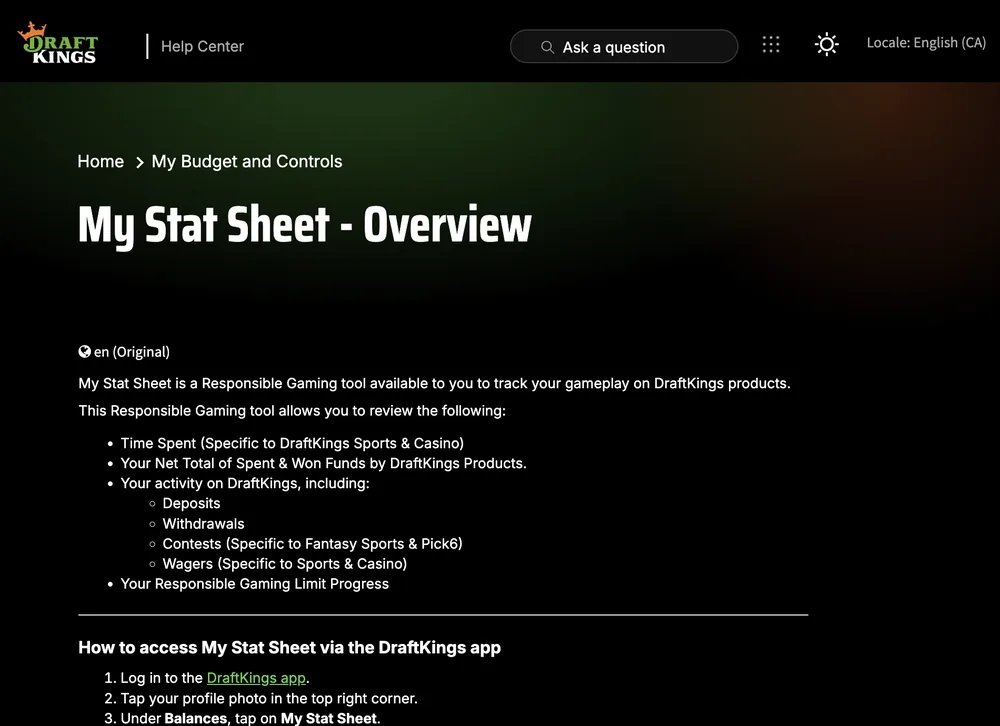 My Stat Sheet help page listing time spent, net results, deposits, withdrawals, wagers and limit progress