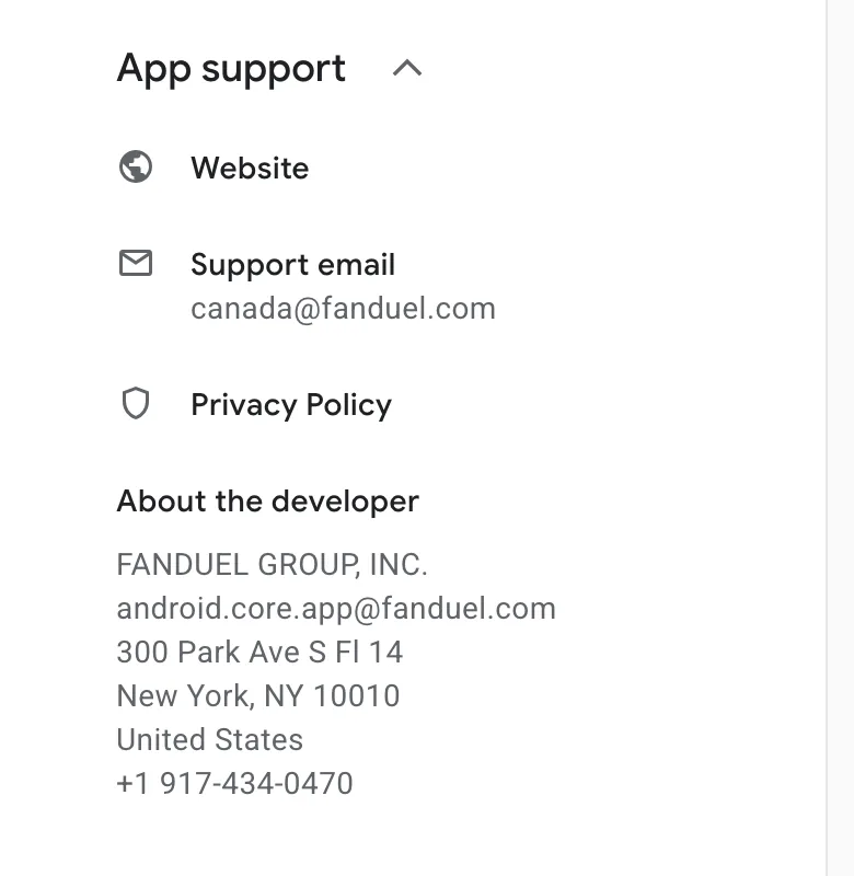 Google Play app support panel for FanDuel Online Casino showing canada@fanduel.com and a New York developer address