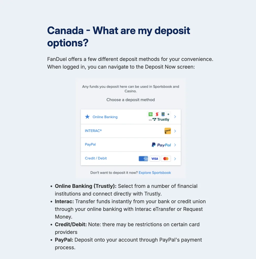 Canada deposit help page listing online banking via Trustly, Interac, PayPal and credit or debit