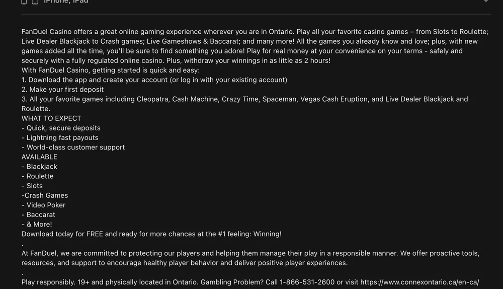 Canadian App Store listing for FanDuel Online Casino, with Ontario wording and a withdrawal line of as little as 2 hours